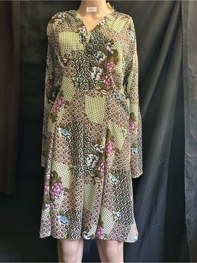 Necessary Objects Vintage Olive Patchwork Floral Midi Dress SM NWT